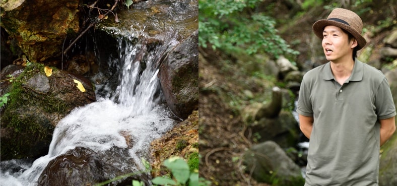 （左）農場内を流れる天然湧水。この水をろ過して飲み水にしています、（右）農業生産法人黒富士農場 向山一輝さん