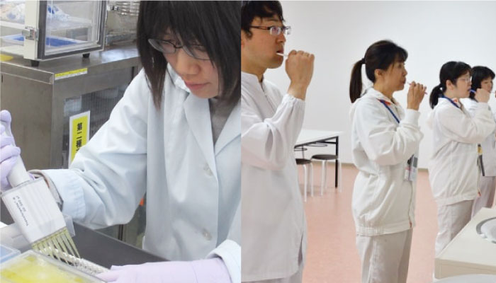 食品アレルゲンを工場内に持ちこまないよう原材料はロットごとに検査を行い、社員には昼食後の歯磨きを義務付けています。