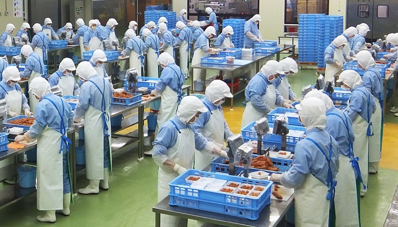 マルキユー食品株式会社 工場内　パック詰め作業の様子