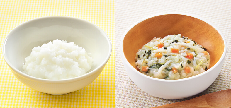 左）「CO・OP国産米をふっくら炊いた白かゆ」右）「CO・OP3種の国産野菜としらすのおかゆ」