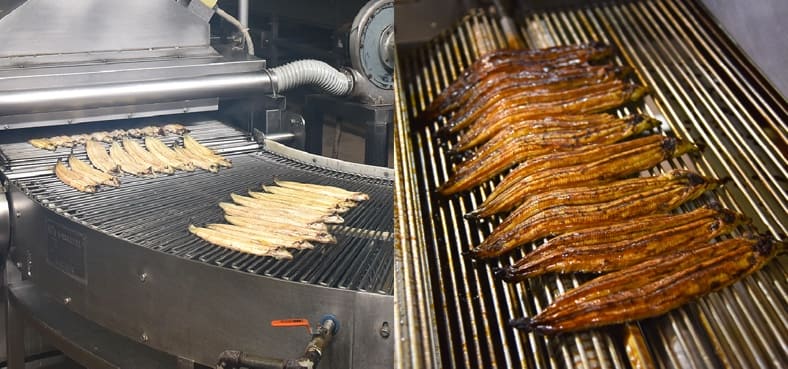 左)白焼の後、蒸気でしっかり蒸し上げることで身がふっくらとします、右)たれを塗って香ばしく焼き上げます