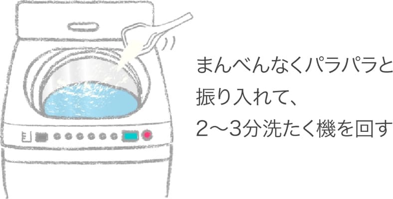 満遍なくパラパラと振り入れて、2〜3分洗たく機を回す