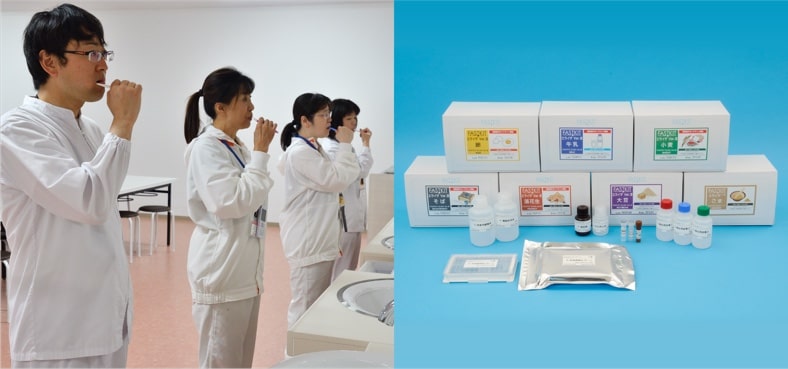 （左）工場内にアレルゲンを持ち込まないよう昼食後の歯磨きが義務付けられています （右）日本ハムグループ内で独自開発した食品中の食物アレルゲンを検出するキット